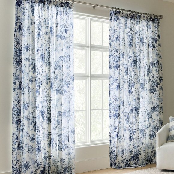 Pottery Barn 2 Blue Garden Floral Toile Curtains Drapes Linen Cotton 50x108" Set - Picture 2 of 10